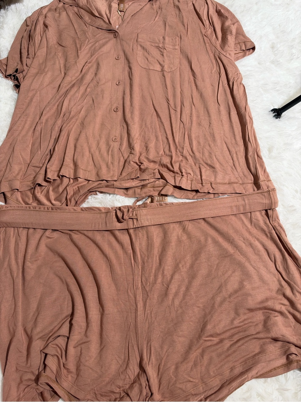 NWT SKIMS 4X Matching Pajama Set Button Down Short Sleeve Top Shorts Light Brown